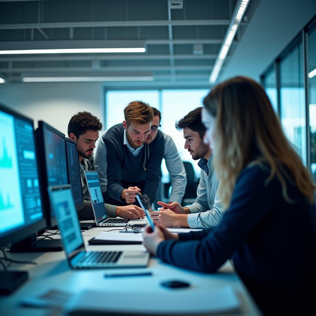 Un team di giornalisti che collabora a un progetto innovativo in un ufficio moderno.